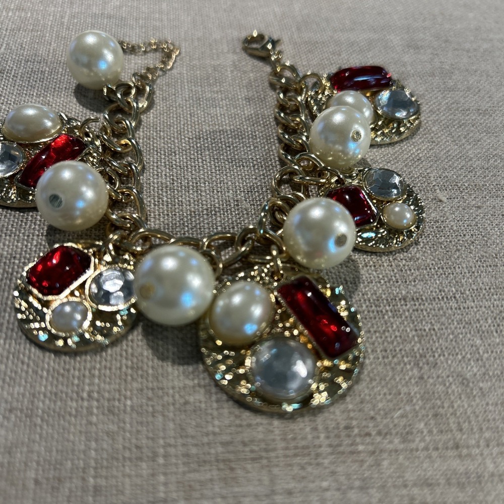 Red Pearl Clear Cabochon Gold Runway Statement Charm Bracelet 80s Vintage